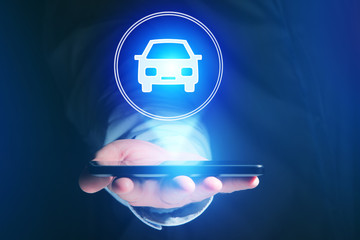 Poster - Businessman hand holding mobile phone with car icon
