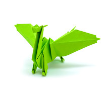 Photo Of Origami Green Dragon Isolated On White Background