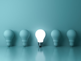 Fototapete - One glowing light bulb standing out from the unlit incandescent bulbs on green background with reflection , individuality and different creative idea concepts . 3D rendering.