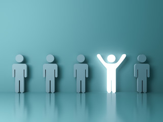 Fototapete - Stand out from the crowd and different creative idea concepts , One glowing light man standing with arms wide open among other people on green background with reflections and shadows . 3D rendering.