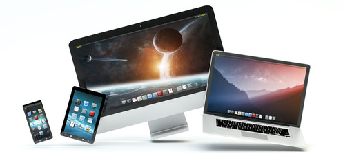 Modern computer laptop mobile phone and tablet floating 3D rendering