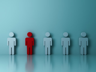Poster - Stand out from the crowd and different creative idea concepts , One red man standing among other people on green background with reflections and shadows . 3D rendering.
