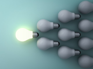 Fototapete - One glowing light bulb standing out from the unlit incandescent bulbs on green background , leadership and different concept . 3D rendering.