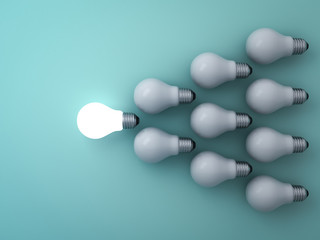 Poster - One glowing light bulb standing out from the unlit incandescent bulbs on green background , leadership and different concept . 3D rendering.
