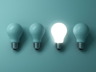 Poster - One glowing light bulb standing out from the unlit incandescent bulbs on green background with reflection , individuality and different creative idea concepts . 3D rendering.