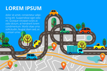 Colorful background with landscape, road and city map. Top view city map with cars and trees for web banners, info graphic and  brochure. Vector illustration