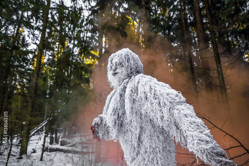 Zdjęcie XXL Yeti bajkowa postać w zimowym lesie. Zdjęcie na zewnątrz fantasy.