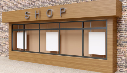 Wall Mural - blank mock up of store street showcase window in a city. 3d rendering