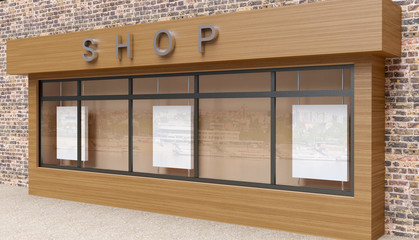 Wall Mural - blank mock up of store street showcase window in a city. 3d rendering