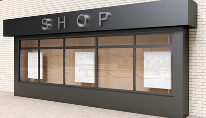 Wall Mural - blank mock up of store street showcase window in a city. 3d rendering