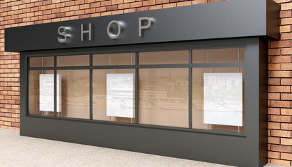 Wall Mural - blank mock up of store street showcase window in a city. 3d rendering