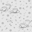 Seamless pattern with cups, cinnamon, coffee beans, anise and cloves.