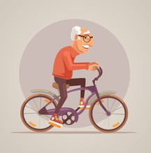 Grandfather Character Ride Bike. Vector Flat Cartoon Illustration