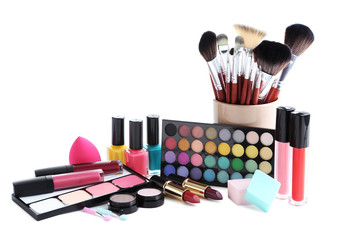 Different makeup cosmetics isolated on a white background