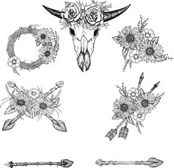 Wall Mural - Beautiful boho elements . bufflo skull, arrows, feathers and flowers