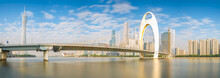 Panorama Views Modern Bridge In Zhujiang River And Modern Building Of Financial District In Guangzhou City, China
