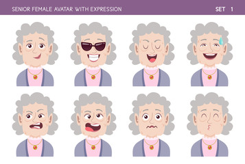 Wall Mural - Set of grandma facial emotions. Senior female cartoon style character with different expressions. Vector illustration. Set one of six.