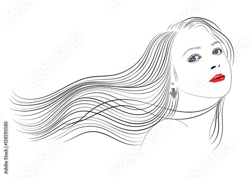 Graphic Portrait Of A Girl With Long Wavy Hair Vector Buy This
