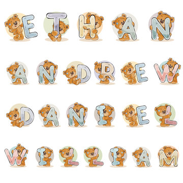 Names for boys Ethan, Andrew, Daniel, William made decorative letters with teddy bears