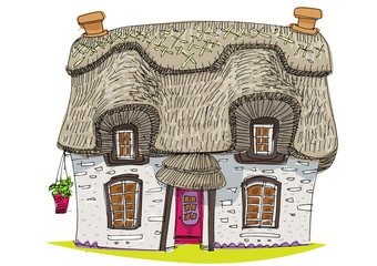 straw covered traditional vintage house - cartoon - coloring book