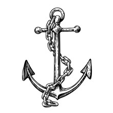 Vintage Anchor With Chain. Hand Drawn Sketch Vector Illustration