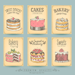 Wall Mural - Card collection of hand-drawn cakes. Vintage posters of bakery sweet shop. Freehand drawing, sketch