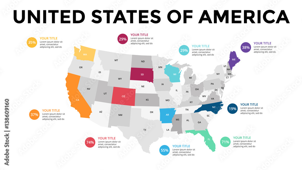USA map infographic. Slide presentation. United States of America. Global business marketing concept. Color country. World transportation data. Economic statistic template. - obrazy, fototapety, plakaty 