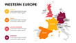 Western Europe map infographic. Slide presentation. Global business marketing concept. Color country. World transportation data. Economic statistic template.