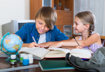 Wall Mural - boy and sister studying with books