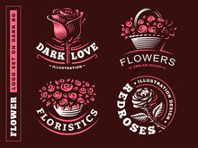 Set Flowers Logo - Vector Illustration, Emblem Design On Dark Background