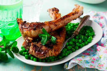 Canvas Print - Lamb Chops Marinated with Mint and  green pea