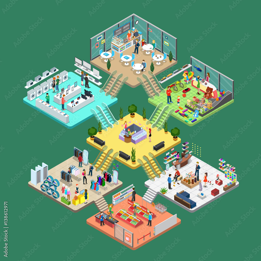 Flat isometric Shopping mall interior vector. 3d leisure Stock Vector ...