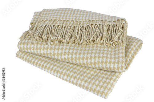Woolen blanket with beige and white hounds-tooth pattern and with heather on whi Poster