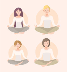 Poster - Set young woman and man meditating in lotus pose and crossed legs . Relaxation, isolated people illustration.