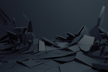 Poster - Abstract 3d rendering of cracked surface. Background with broken shape. Wall destruction. Bursting with debris. Modern cgi illustration. Design for poster, banner, placard, cover, print.