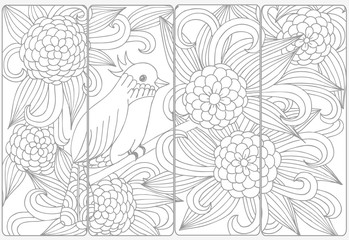 Wall Mural - Vector set of monochrome bookmarks and doodle flowers for coloring adult coloring book.