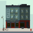 Blue apartment building with coffee shop in the ground floor. Flat vector illustration.