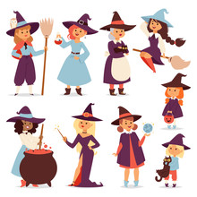 Cute Little Witch With Broom Cartoon Cat For Print On Bag Magic Halloween Card And Fantasy Young Girls Character In Costume Hat Vector Illustration.