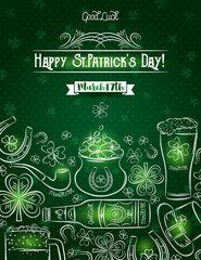 Wall Mural - Green card for St. Patrick's Day with  beer bottle, mug, horseshoe, pipe, hat and shamrock, vector