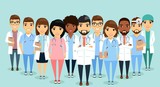Fototapeta Dinusie - A group of doctors standing side by side. Teamwork. The medical director is ahead of its employees. Different specializations. Isolated flat style.