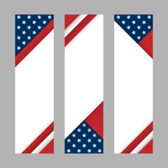 Wall Mural - Set of modern vector vertical banners, page headers with stripes and stars in the colors of the American flag. Material design banners for Presidents day, USA Independence day, national celebrations