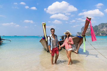 Wall Mural - Young Couple Tourist Long Tail Thailand Boat Ocean Sea Vacation Travel Trip Tropical Holiday