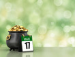 3d render of black pot full of gold coins with calender showing march 17