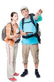 Fototapeta Las - man and woman chosen route of travel with backpacks on a white background