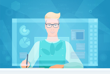 Poster - Designer man working using virtual media interface workspace. Designer Artist working with graphic program virtual screen drawing.