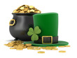 3d render of black pot full of gold coins and leprechaun hat