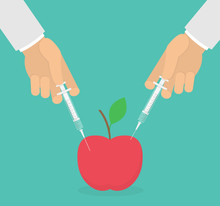 Genetically Modified Fruits Concept. Hands Sticking Hypodermic Needles In A Red Apple. Vector Illustration In Flat Style