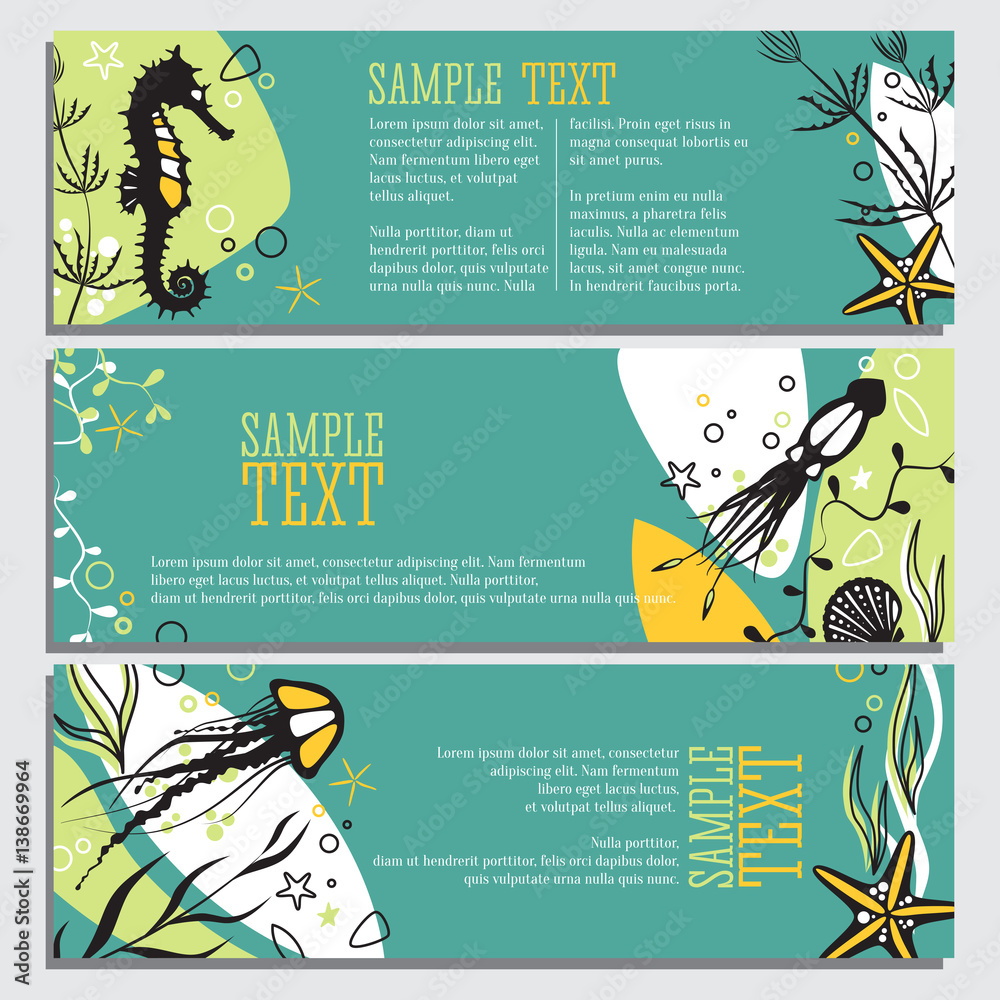 Set of 3 banners sea life and underwater theme, modern design layout ...