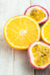 oranges and passion fruit closeup.