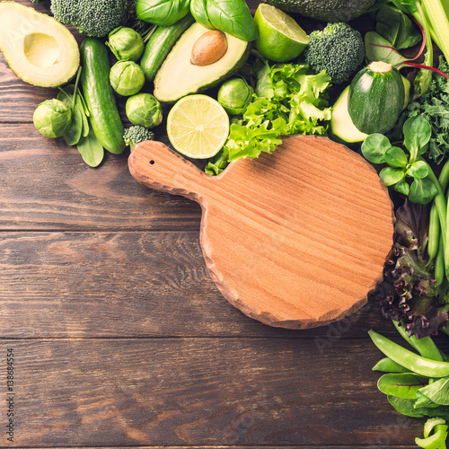 Background With Chopping Board And Orted Green Vegetables Salad Background With Chopping Board And Orted Green Vegetables Salad Avocado Cuber Lime